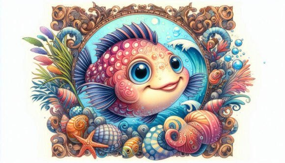 Smiling Fish in a Decorative Sea Frame O: A Whimsical Design Asset